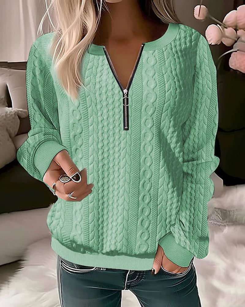 Street-wave Cable Knit Zip Pullover For Women, Soft Durable Pink Knit Sweatshirt, Chic Everyday Comfort