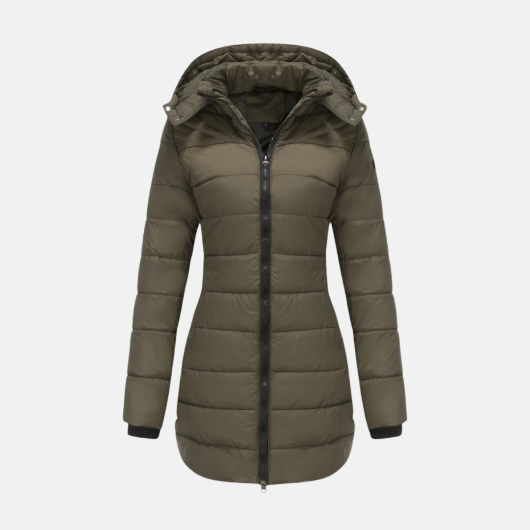 Street-wave Long Puffer Coat for Women with Hood Tailored Fit and Two-Way Zip All-Weather Comfort