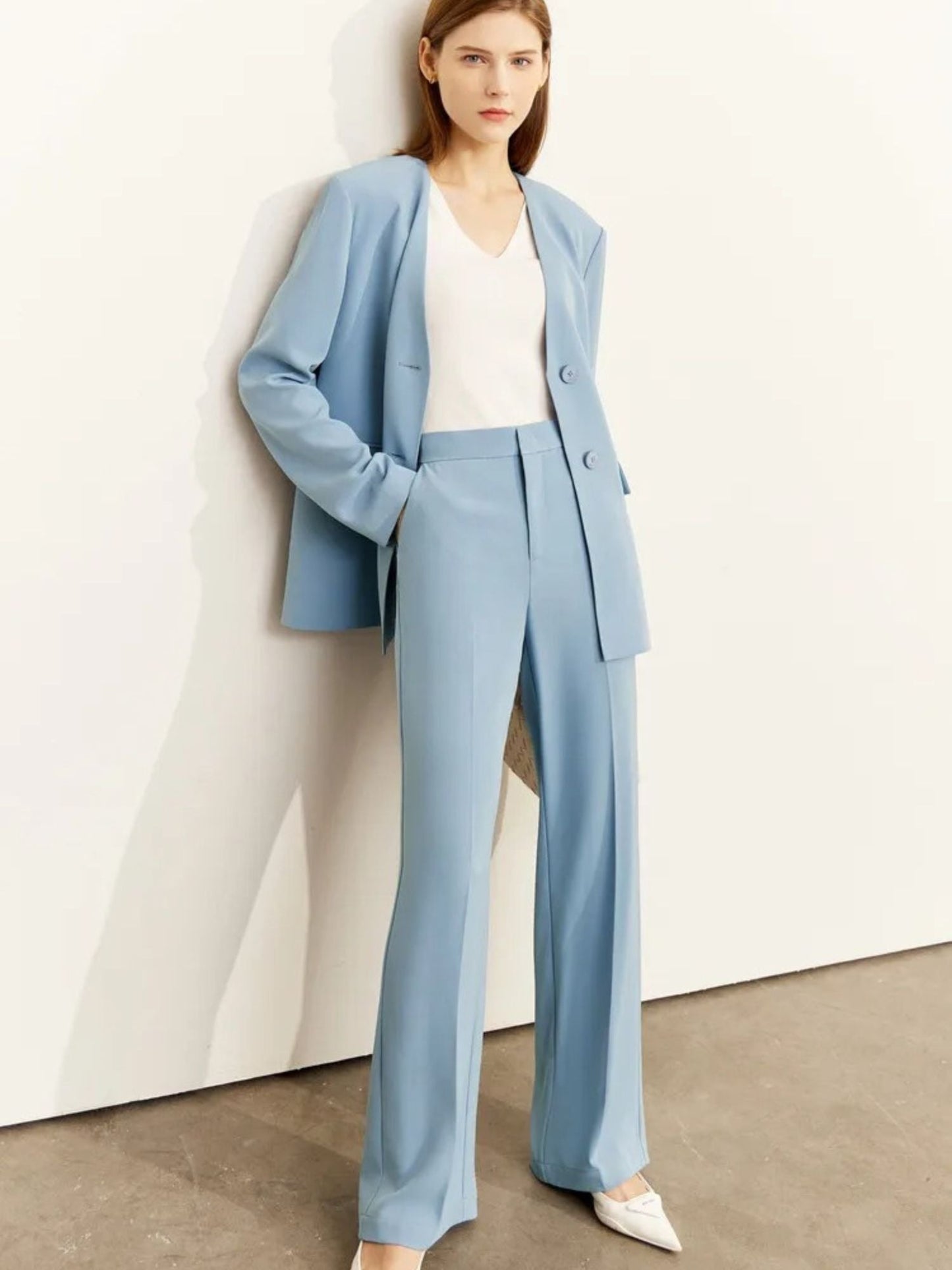 Street-wave Minimalist Blazer and Trousers Set With V-Neck Blazer and Belted Waist For Chic Professional Women
