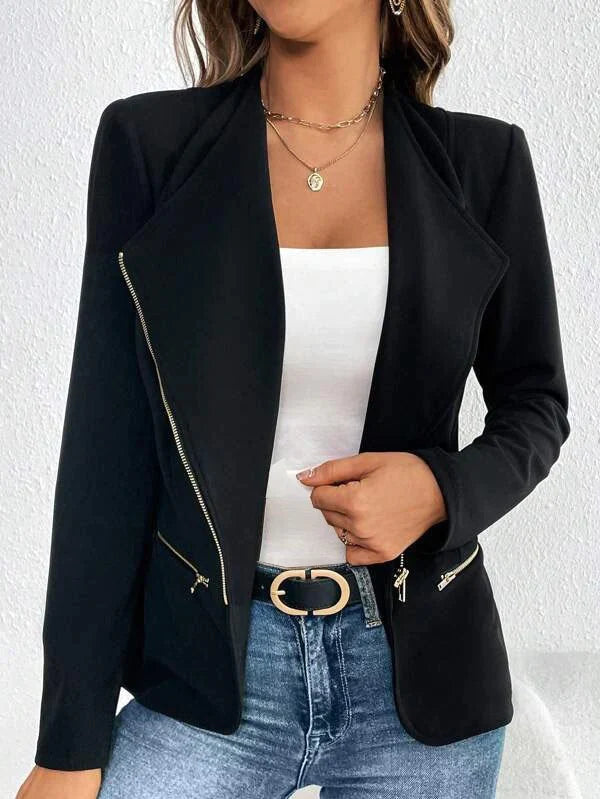 Street-wave Black Coat For Women With Sleek Zipper Detailing For Confident Everyday Style