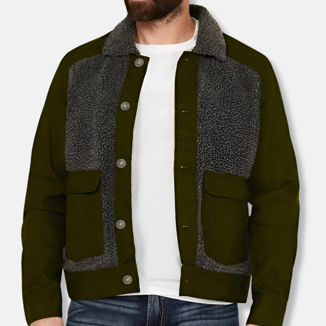 Men's Patchwork Sherpa Collar Coat Regular Fit Waist Length Button Up Closure Warm