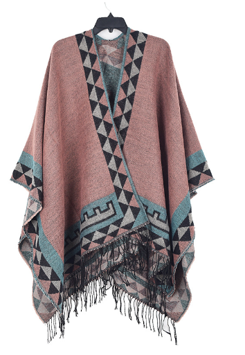 Knitted Poncho Streetwave For Women Warm Cozy Stylish Geometric Pattern With Fringed Hem