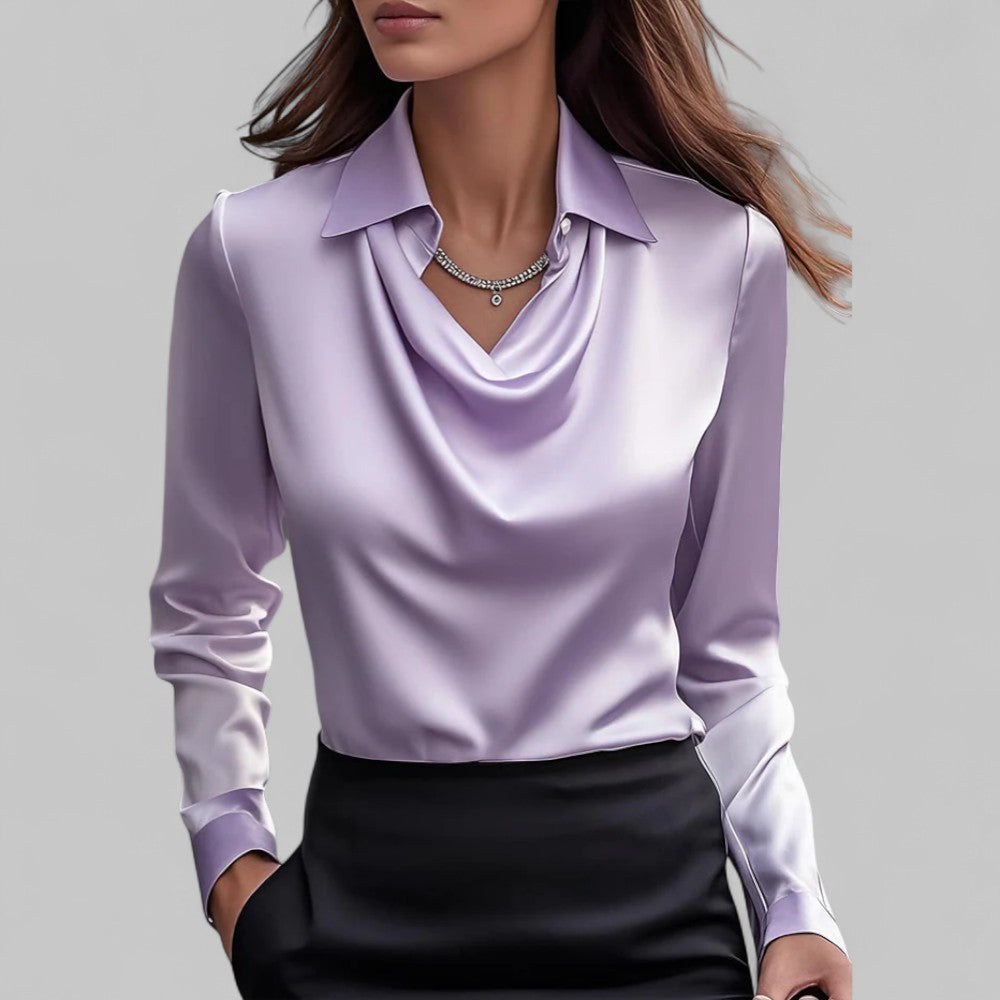 Satin Blouse Women Draped Neck Long Sleeve Street Wave Elegant Silky Top
