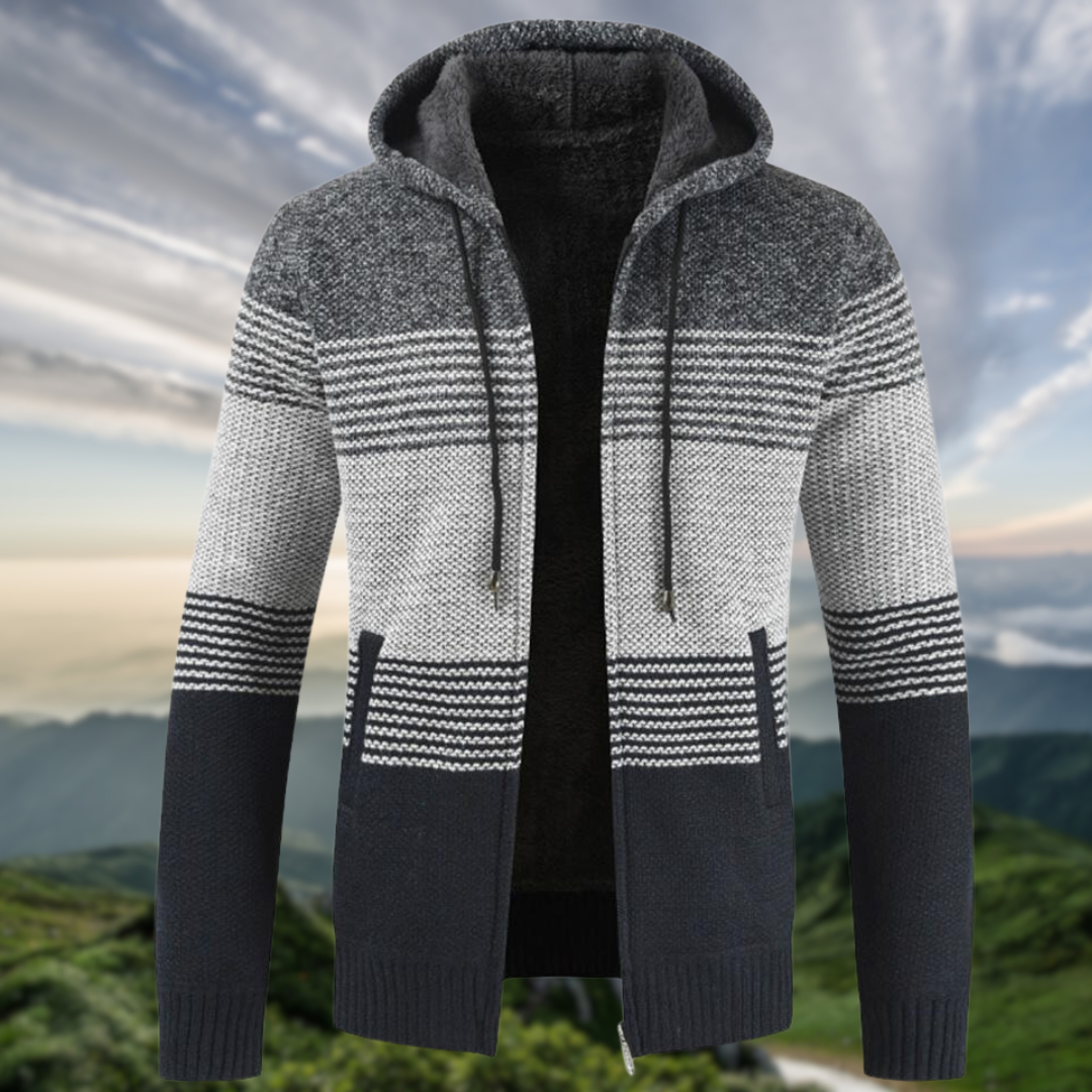 Street-Wave Hooded Striped Knit Winter Coat For Men With Cozy Lining And Pockets