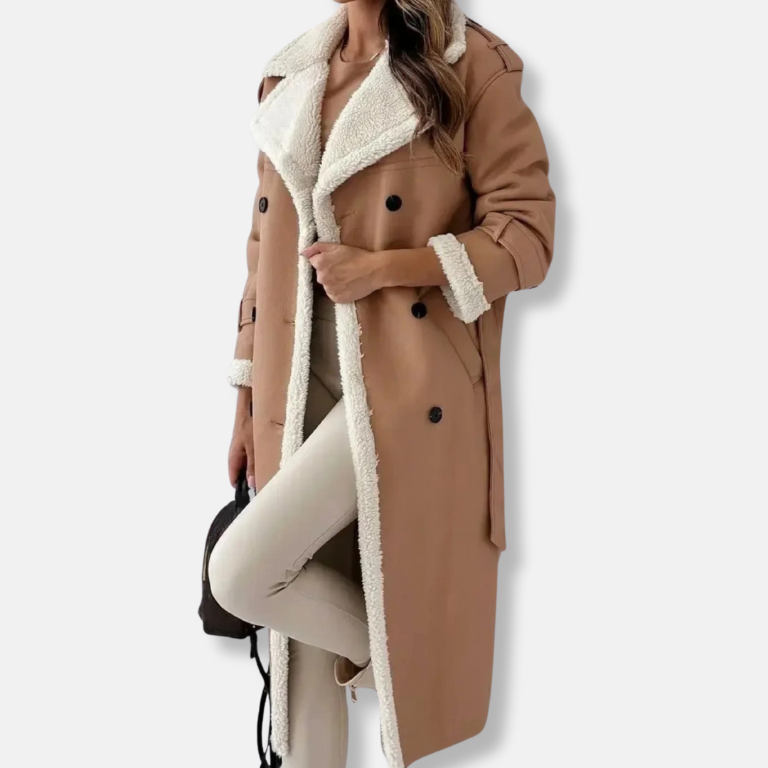 Street Wave Women's Long Double Breasted Coat Oversized Plush Collar Tie Belt