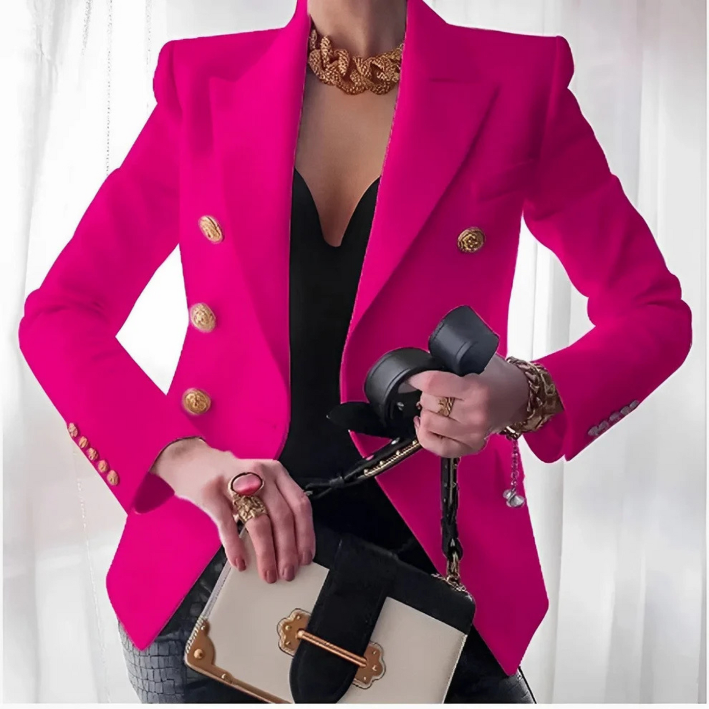 Streetwave Elegant Black Double Breasted Blazer For Professional Women Timeless Sophistication