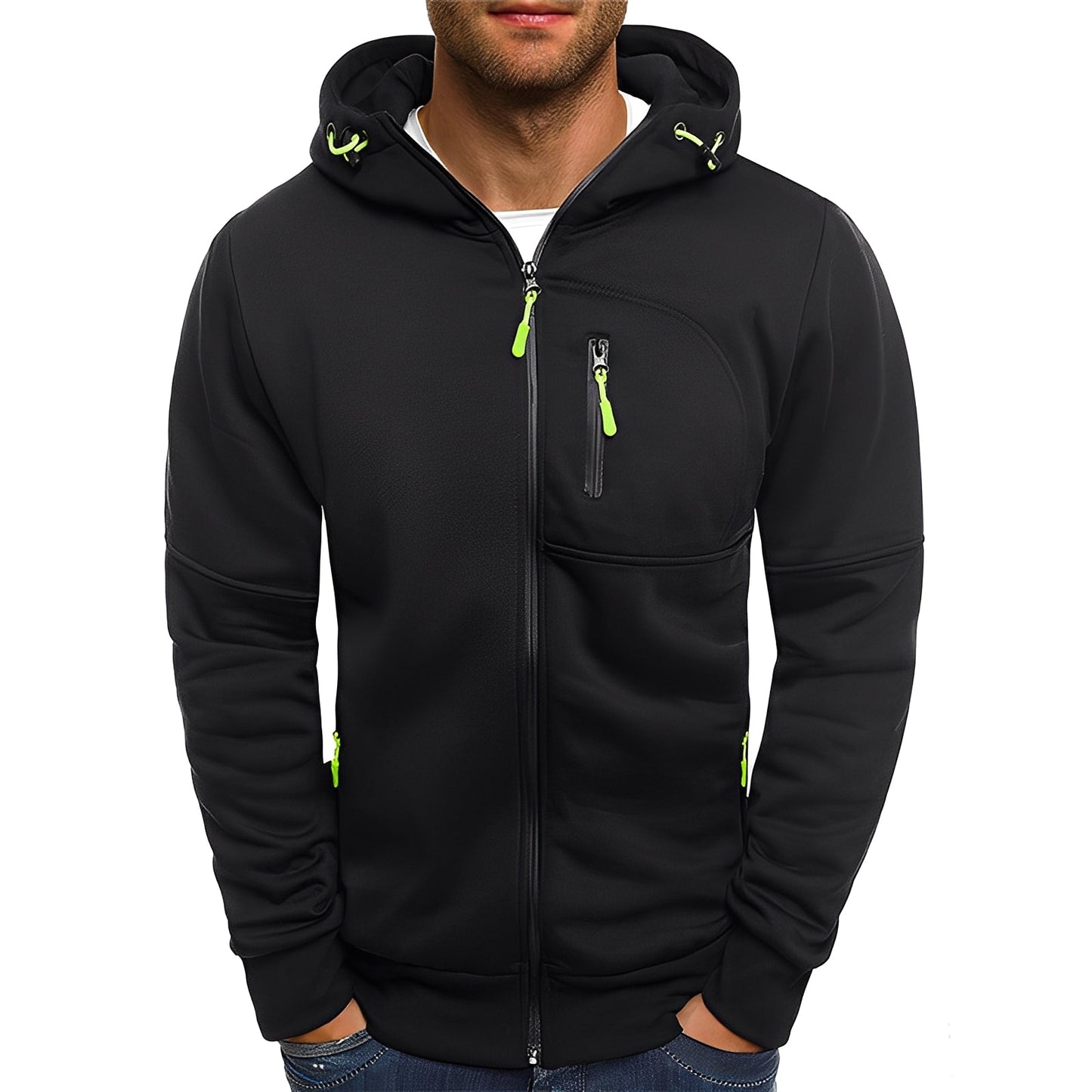 Street-wave Fleece Jacket With Hood For Men, Modern Warmth, Soft Tech Fabric, Neon Zipper Pockets