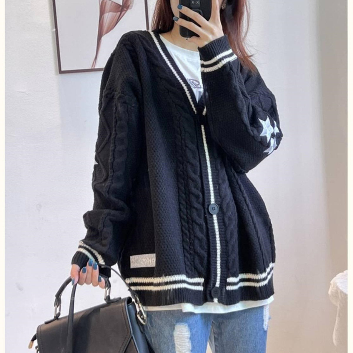 Street Wave Cozy Star Patch Knit Cardigan Pullover For Women With Button Front Stylish Winter Knitwear
