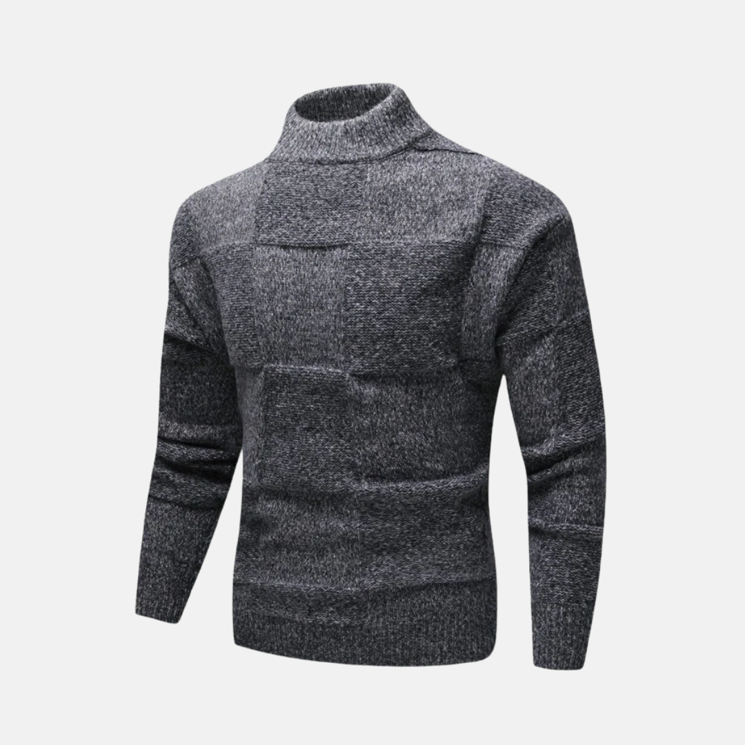 Men's Fine Gauge Knit Mock Neck Sweater With Checkerboard Pattern Slim Fit Classic Knitwear For Fall
