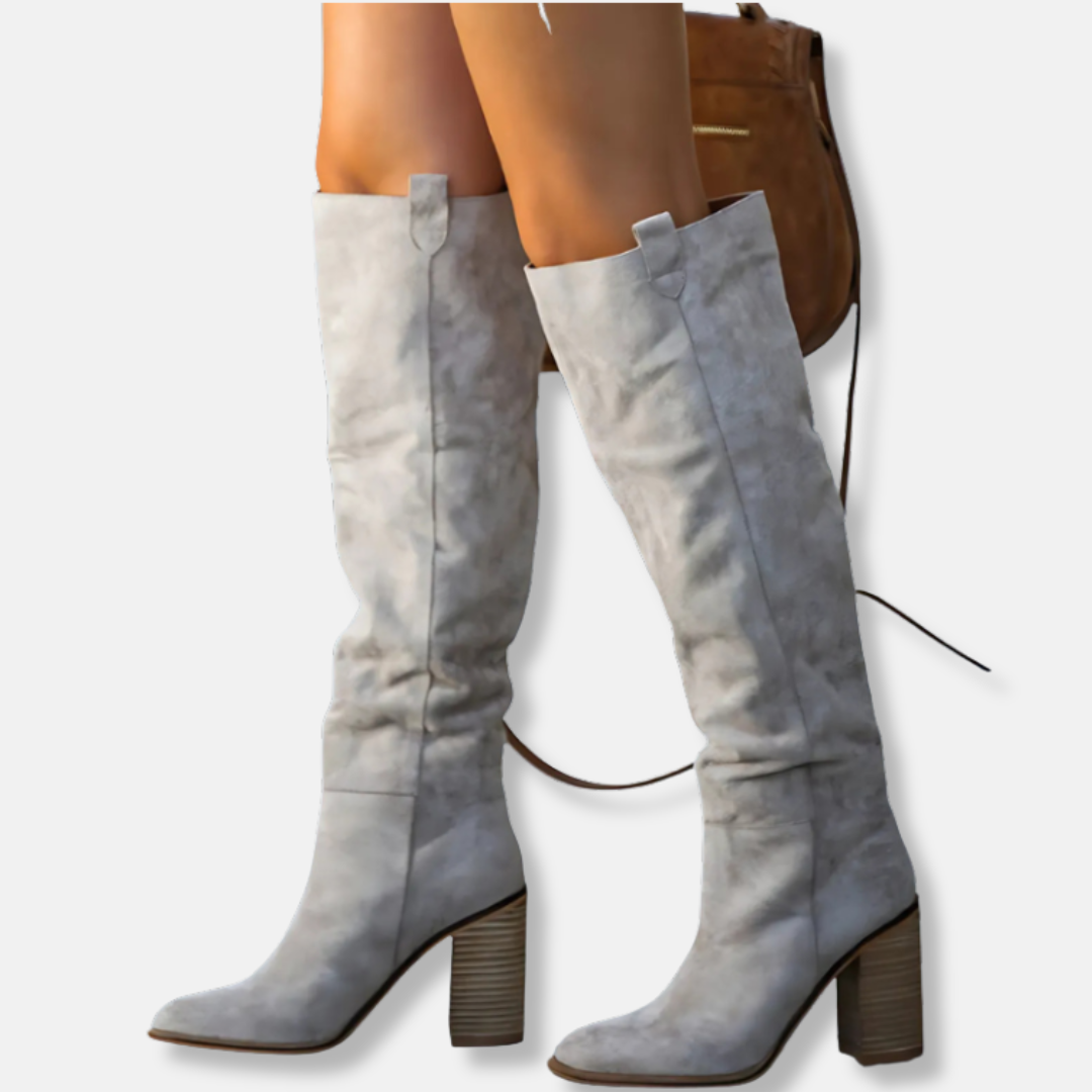 Street-Wave Knee-High Boots For Women Chic Suede-Like Textile With Pointed Toe And Chunky Block Heel