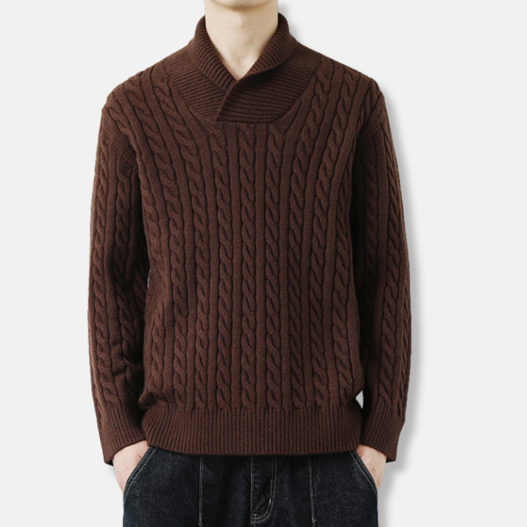 Men's Cable Knit Shawl Collar Sweater In Knit Blend Relaxed Fit By Street-Wave Fall Winter Collection