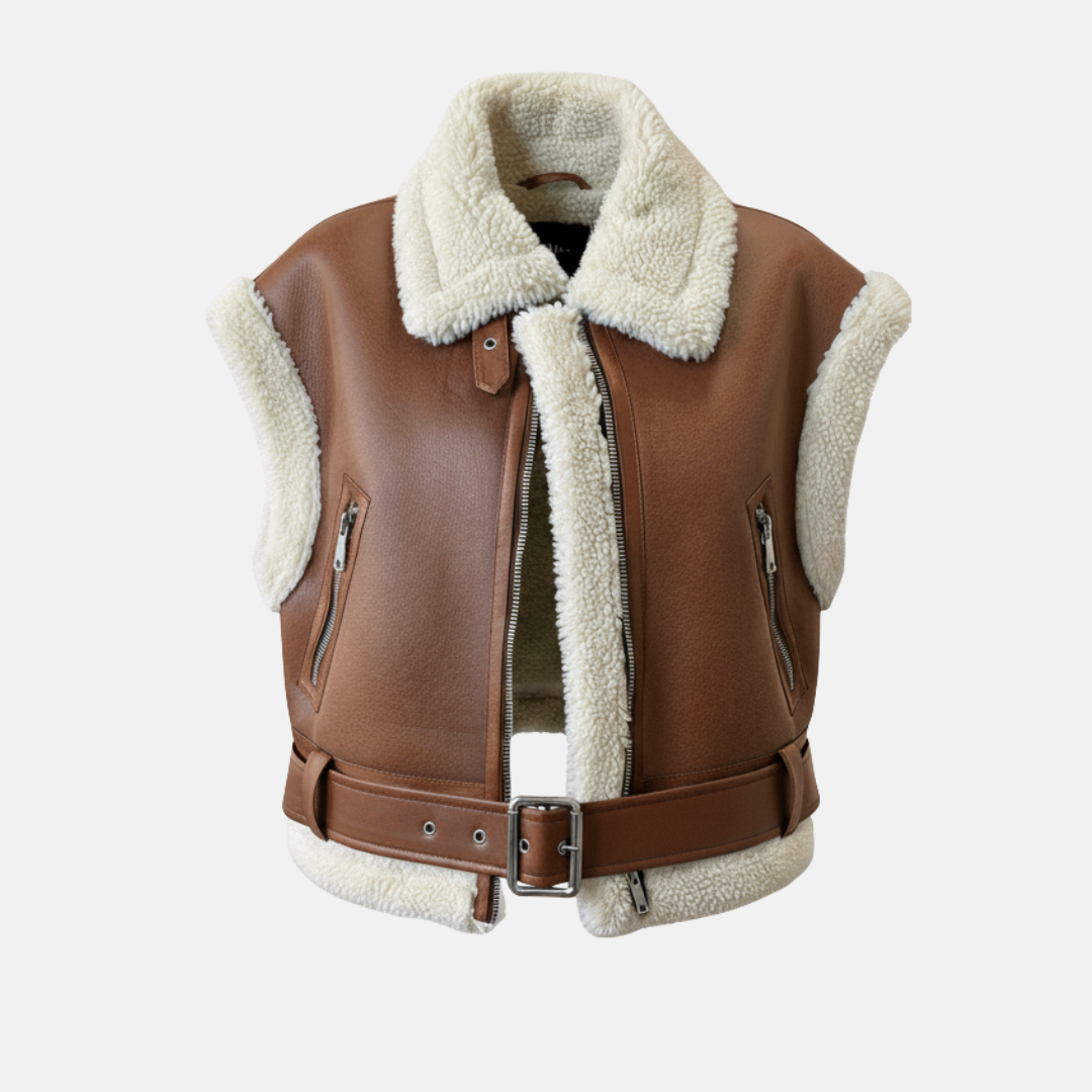 Street-Wave Women Faux Leather Vest Jacket Chic Notched Collar Belted Waist