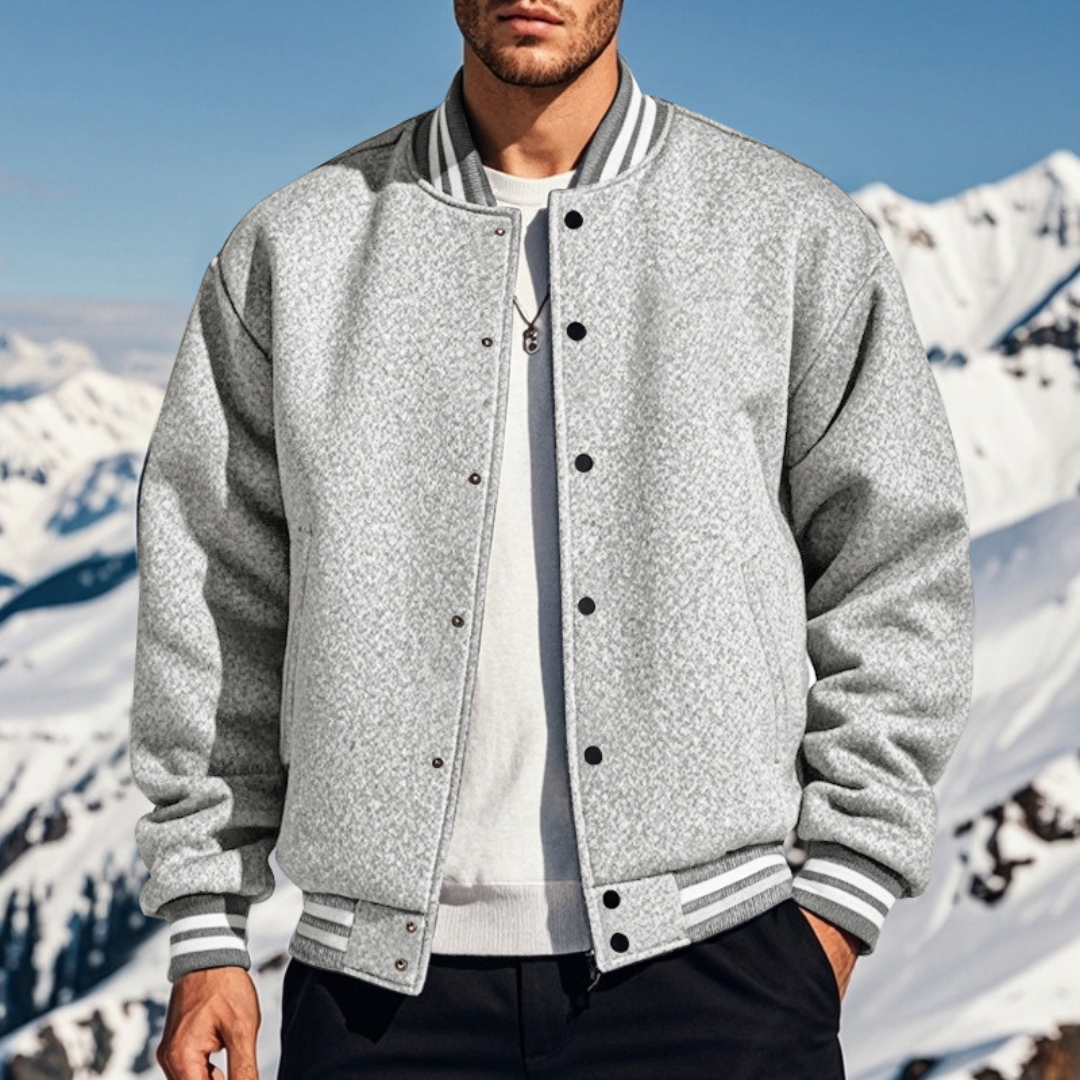 Men's Dense Smooth Fabric Bomber Jacket With Stand Collar And Snap Button Closure