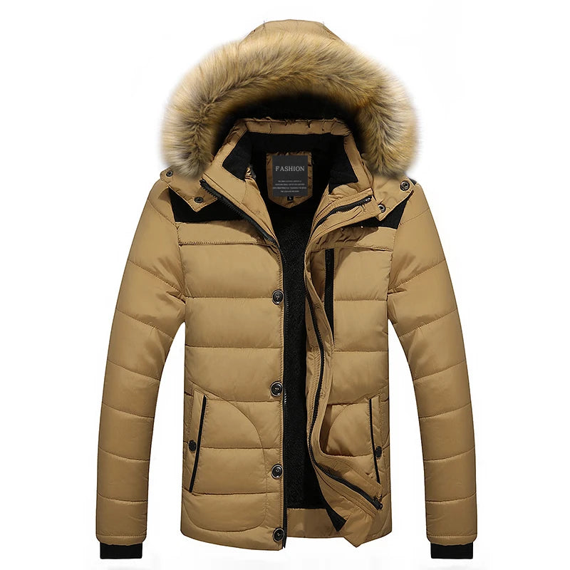 Street Wave Down Jacket For Men Khaki Hooded With Fur Trim Warm Puffer Coat Winter Ready
