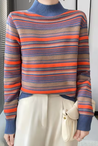 Streetwave Striped Knit Pullover With Mock Neck For Women Elegant Comfort And Fit
