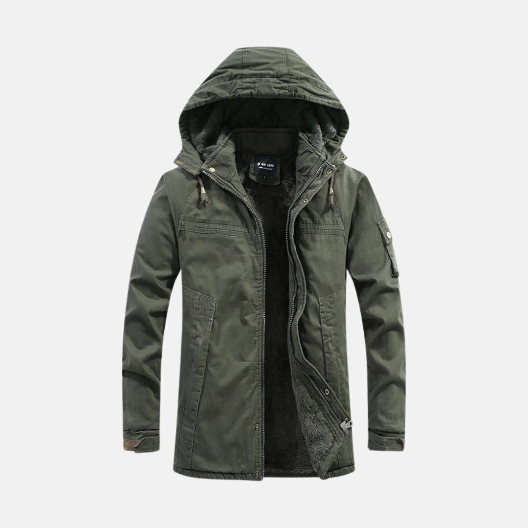 Men's Hooded Coat With Sherpa Lining And Utility Pockets Zipper Closure Relaxed Fit