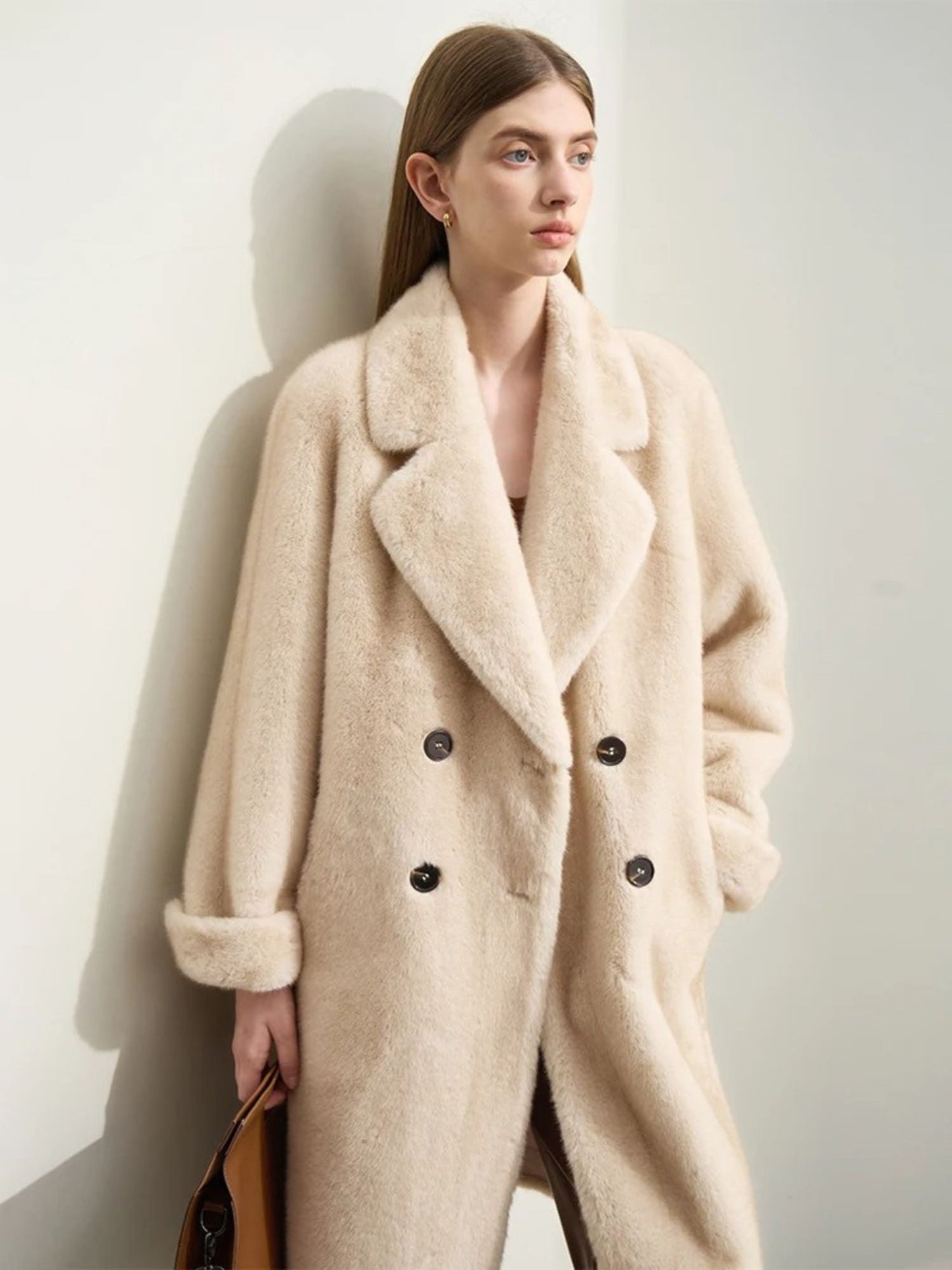 Street Wave Beige Double Breasted Wool Coat For Women Warm Elegant Winter Outerwear