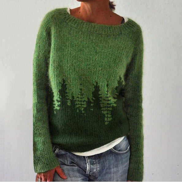 Street-wave Women's Retro Pullover Knit Sweater With Forest Tree Pattern Warm Cozy Winter Wear
