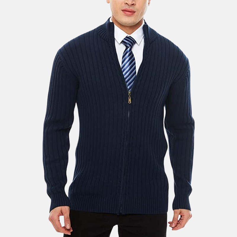Street-Wave Men's Knit Blend Cardigan With Full Zip Stand Collar Smart Casual