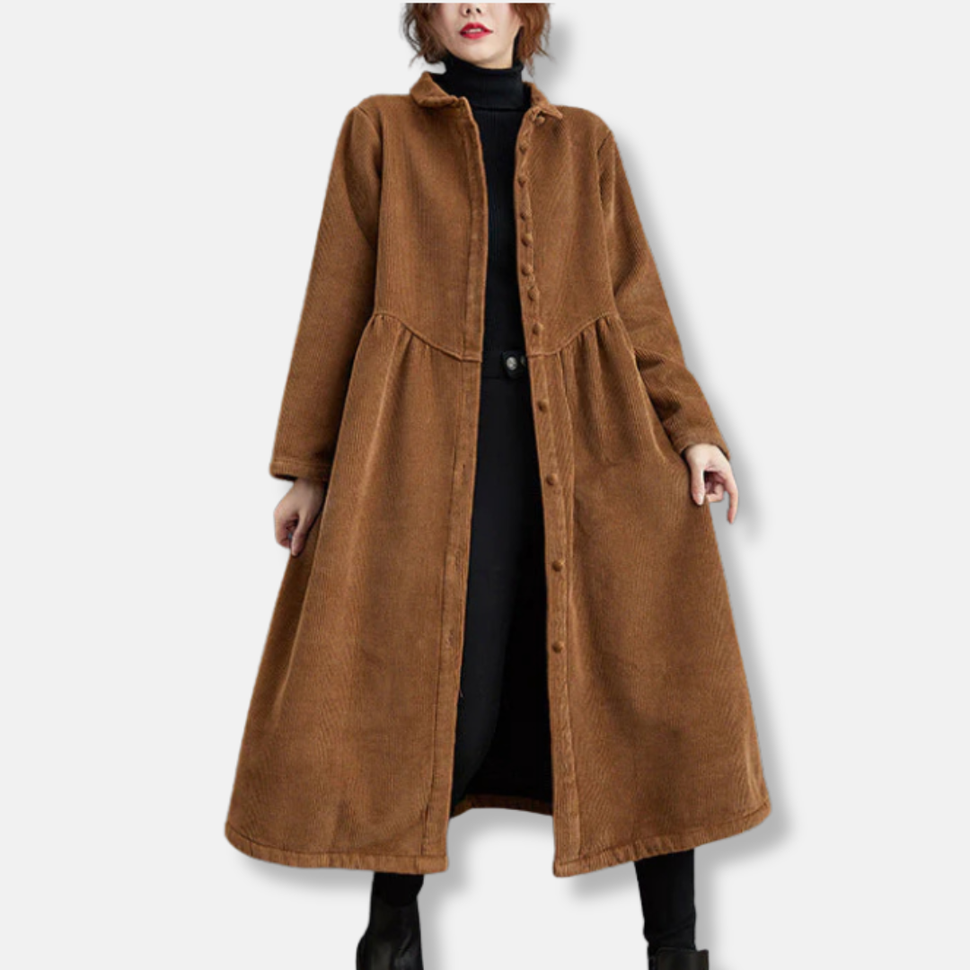 Street-Wave Corduroy Midi Coat With Relaxed A-Line Fit And High Collar For Women Chic Everyday