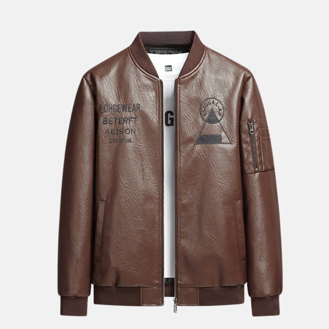 Men's Faux Leather Bomber Jacket With Zipper Front And Embroidered Detail For Regular Fit