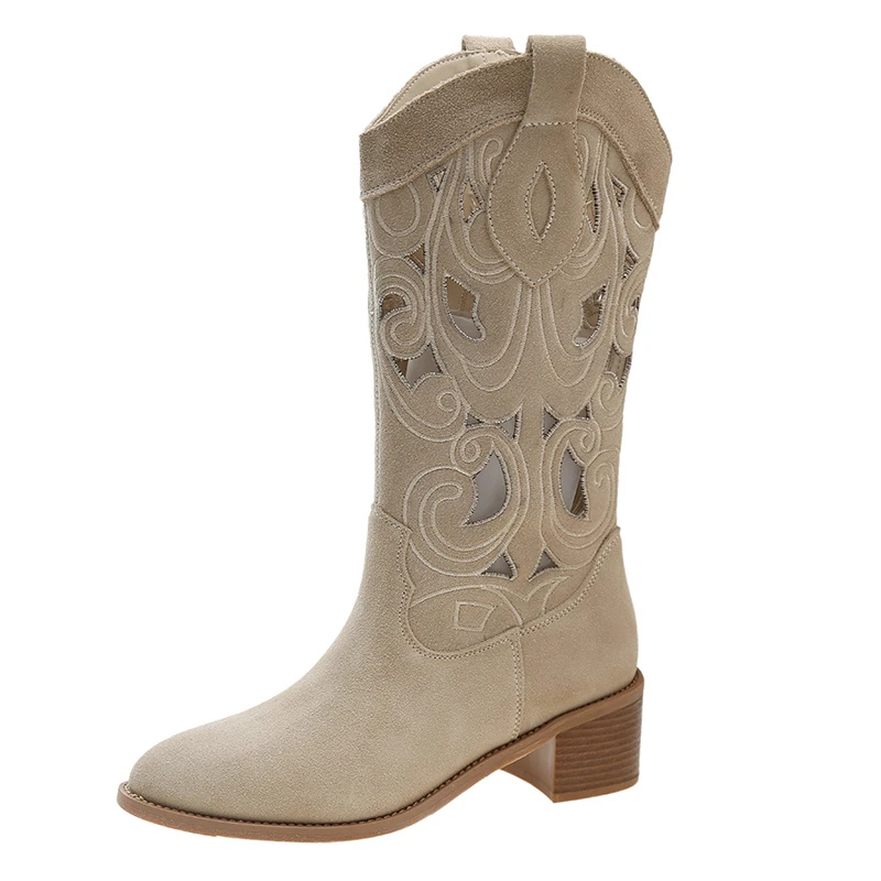 Street-Wave Suede Cutout Western Cowboy Boots For Women Chic Comfortable Fashion-Forward