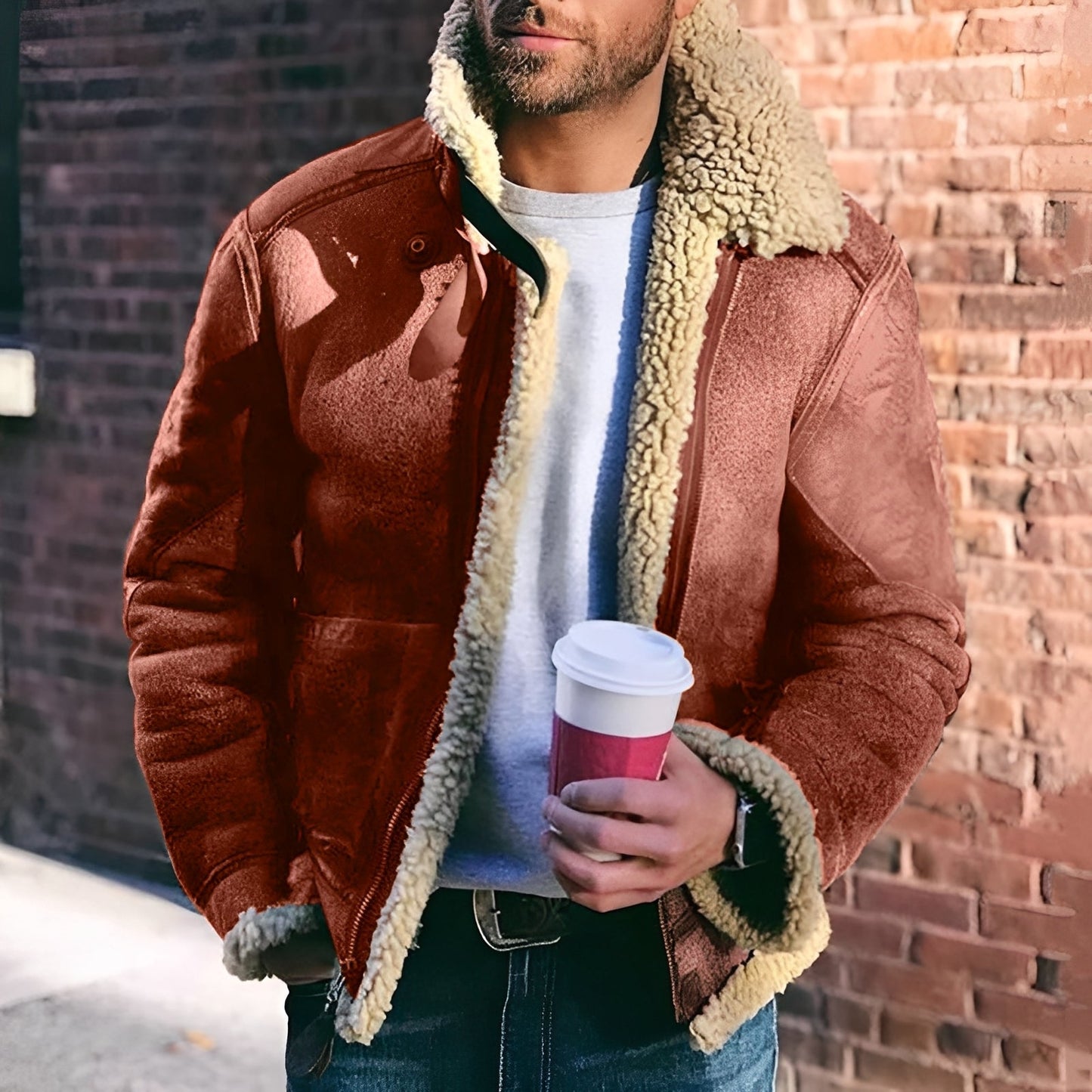 Street-Wave Mens Shearling Bomber Jacket With Wide Lapels Warm Windproof Coat For Winter Urban Style