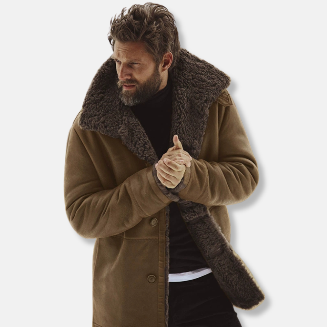 Nordisk Flair Men's Shearling Collar Wool Blend Coat With Relaxed Fit Mid Thigh Length Green