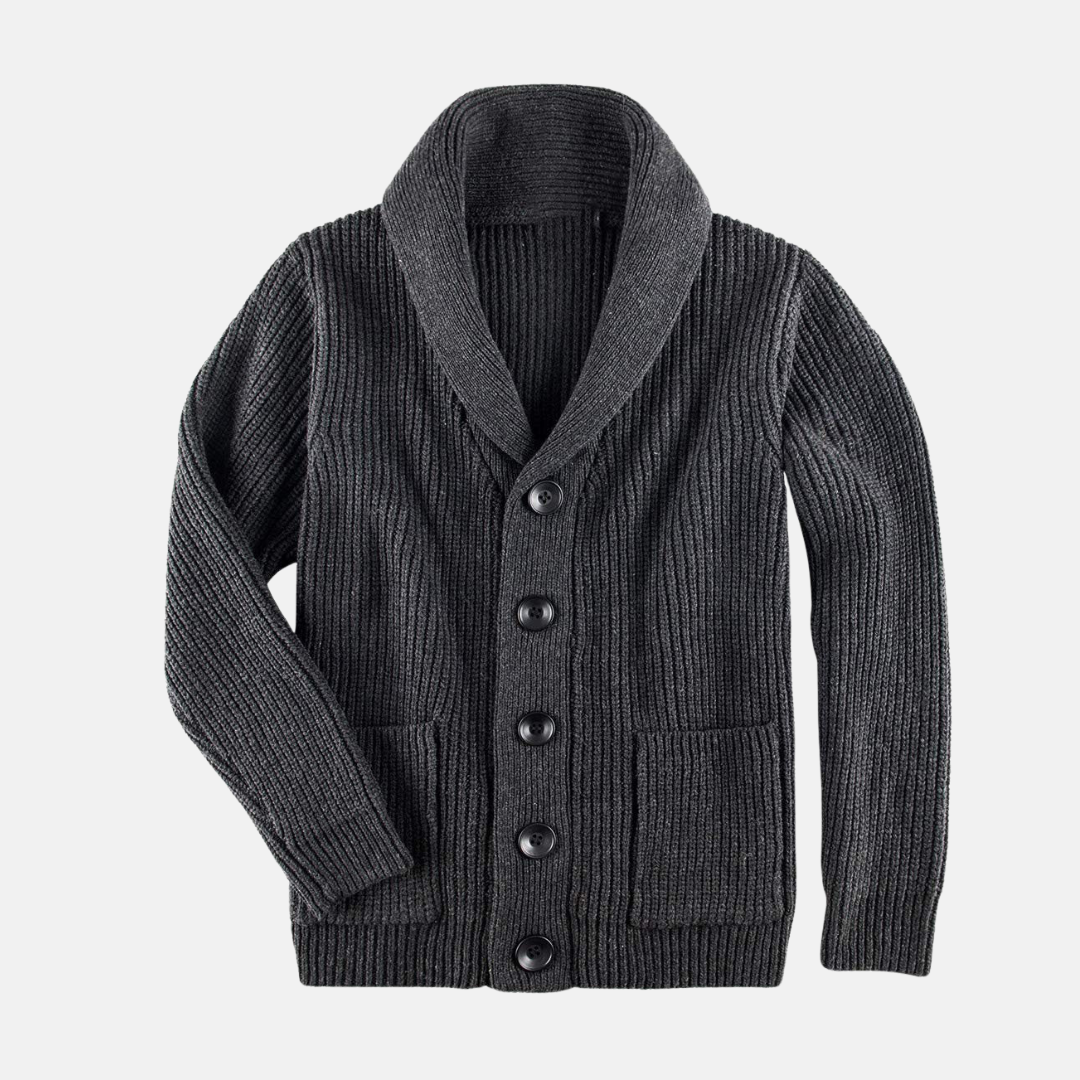 Mens Ribbed Knit Shawl Collar Cardigan Coat With Button Front And Patch Pockets Regular Fit