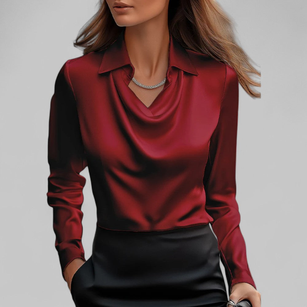 Satin Blouse Women Draped Neck Long Sleeve Street Wave Elegant Silky Top