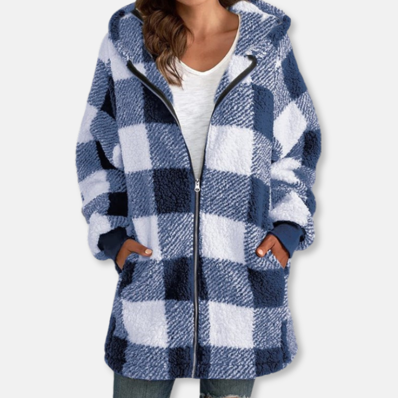 Street-Wave Women's Oversize Hoodie With Soft Knit Plaid Check Pattern Zip Hoodie