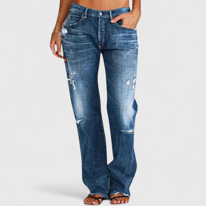Women's Distressed Straight Leg Jeans with Low Rise and Classic Fit