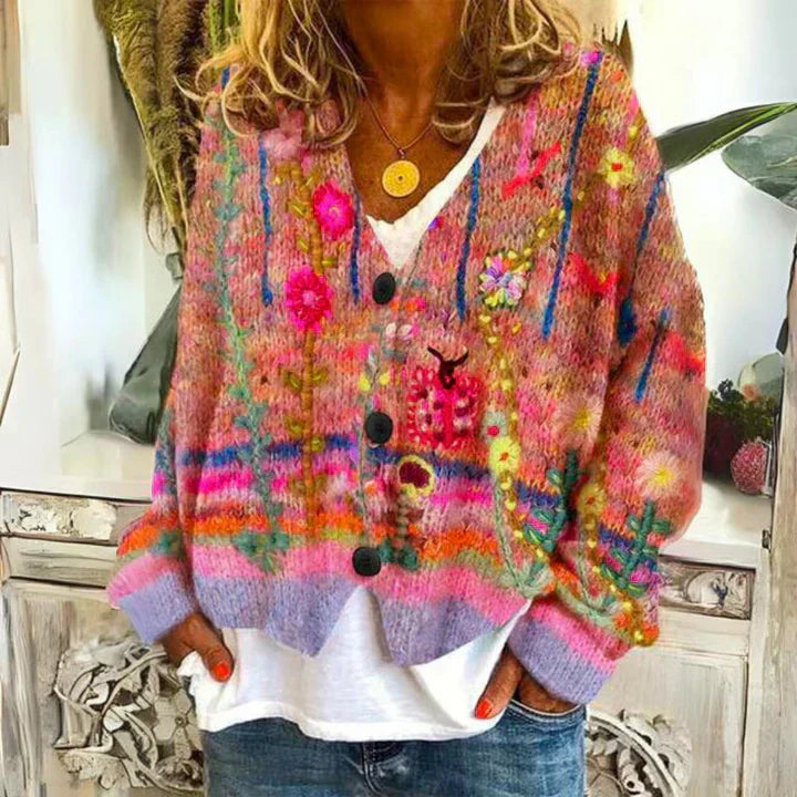 Streetwave Colorful Knit Cardigan For Women Casual Chic Cozy Comfort Everyday Wear With Bold Embroidered Details