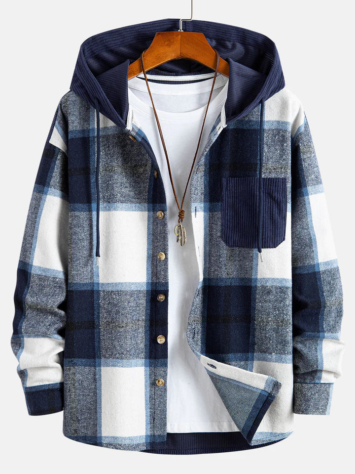Corduroy Hooded Jacket For Men Streetwave Warm Cozy Modern Streetwear Outerwear With Plaid Sleeves