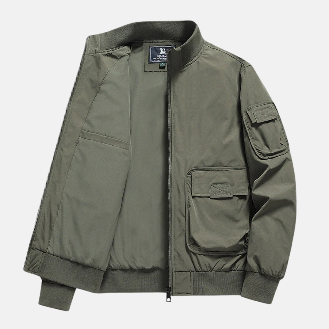 Men's Navy Bomber Jacket With Relaxed Fit, Wind-Resistant, Full Zip, Patch Pockets By Street-Wave