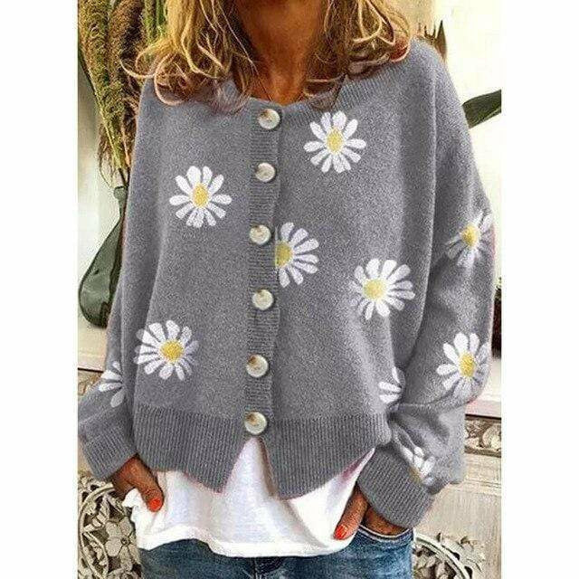Street-wave Women Daisy Cardigan Cozy Button Down Knit With Orange Floral Pattern For Autumn