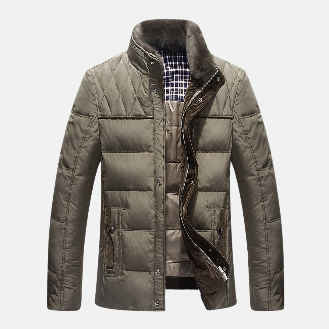 Street-Wave Men’s Quilted Jacket With Plush Fur Lined Stand Collar Regular Fit Hip Length Winter Coat