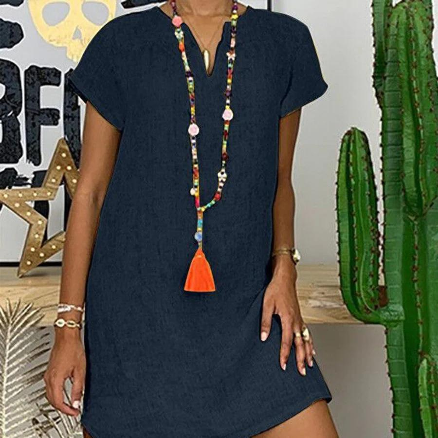 Street-Wave Women's Cotton Linen Sundress With V Neck Breathable Breezy Summer Wardrobe Essential