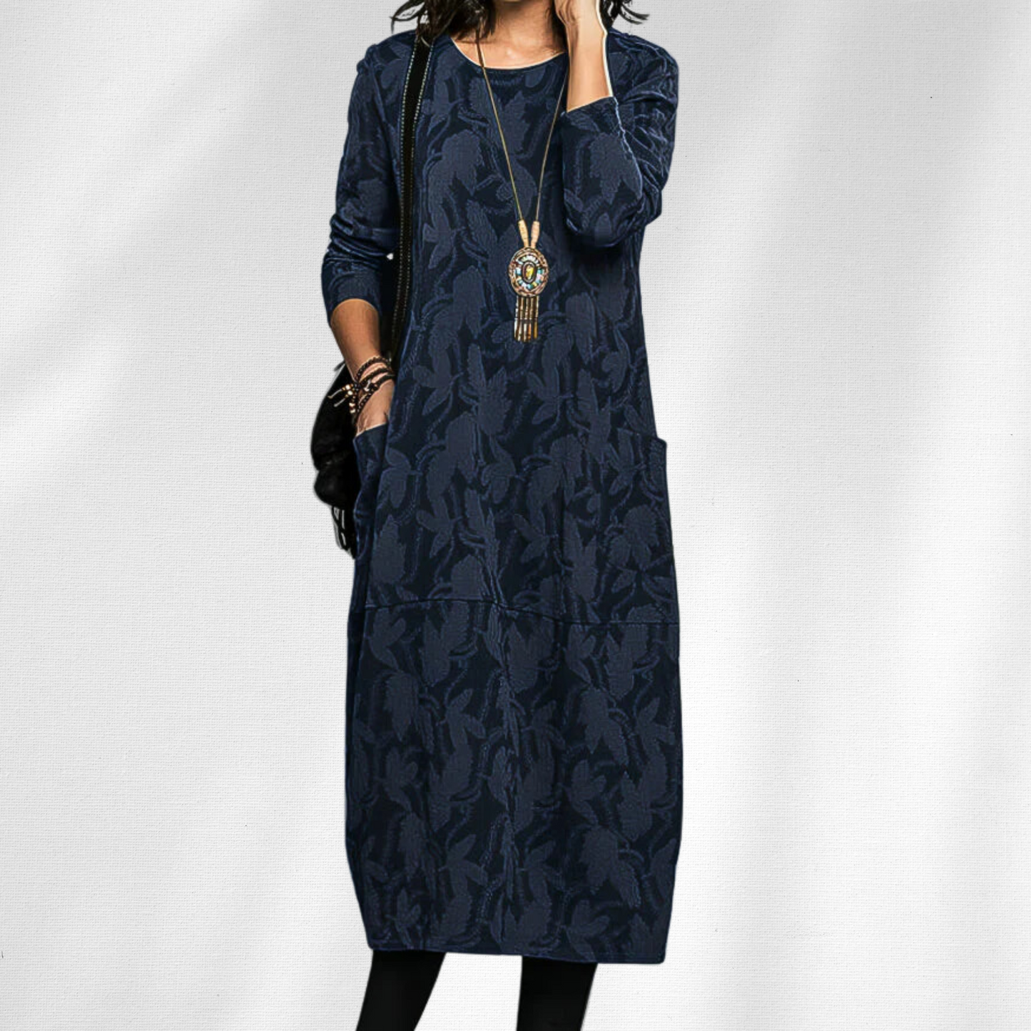 Women's Winter Dress with Crewneck and Long Sleeves