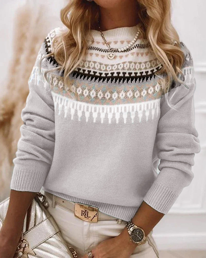 Street-wave Boho Knit Sweater For Women Warm Cozy Breathable Wool Blend Nordic Pattern Pullover
