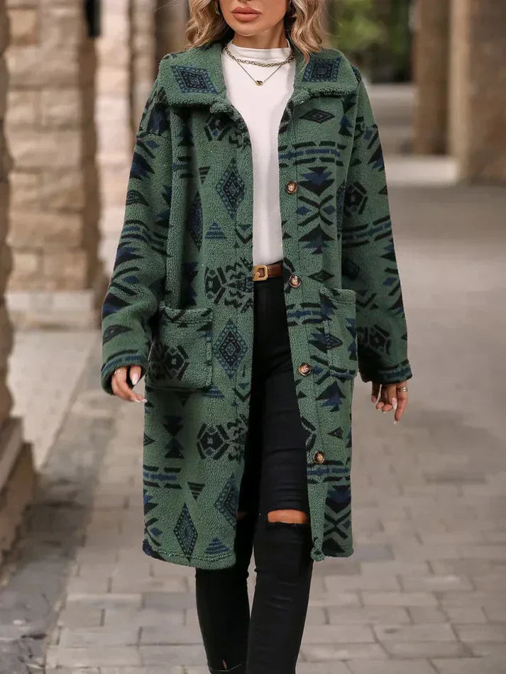 Street-wave Winter Coat for Women With Geometric Print, Warm Cozy Outerwear, Trendy Style