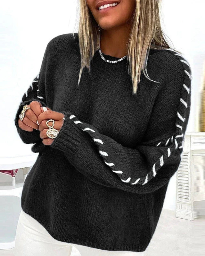 Street-Wave Boho Knit Sweater For Women Warm Cozy Oversized Pullover With Black Thread Detailing