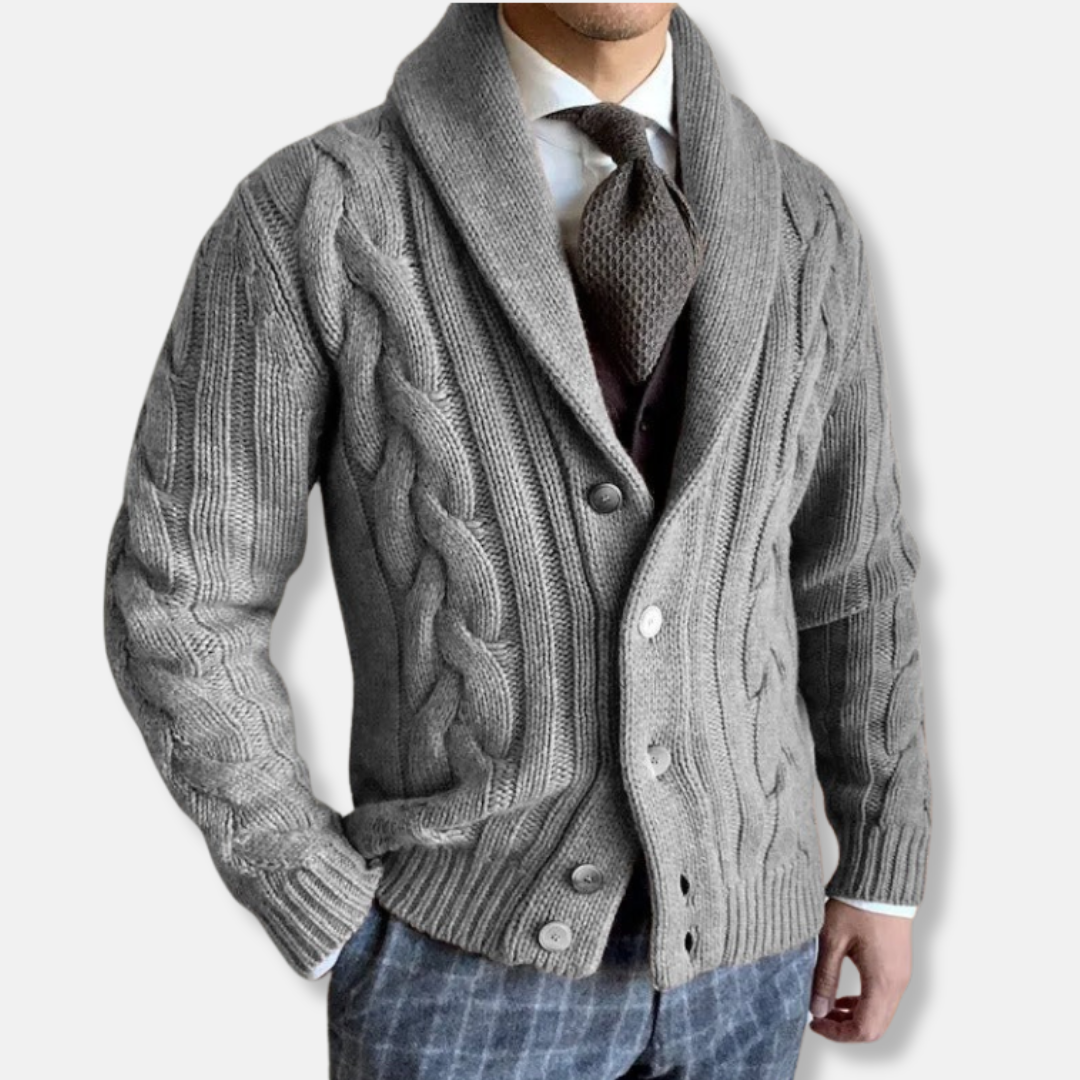 Men's Cable Knit Cardigan With Shawl Lapel Regular Fit Wool Feel Knit Long Sleeve