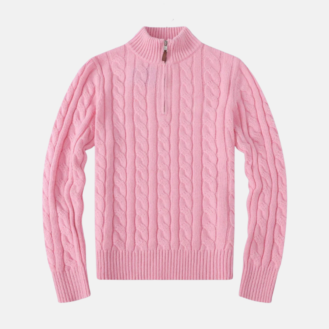 Men's Cable Knit Cotton Half Zip Sweater With Stand Up Collar Street Wave