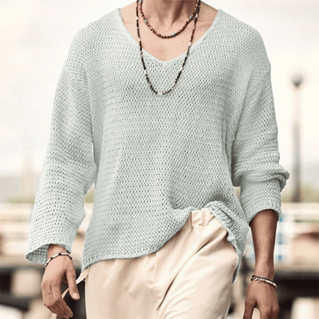 Street-Wave Mens Relaxed Knit Sweater With Deep V Neck Breathable Textured Knit Beige Casual To Evening Wear