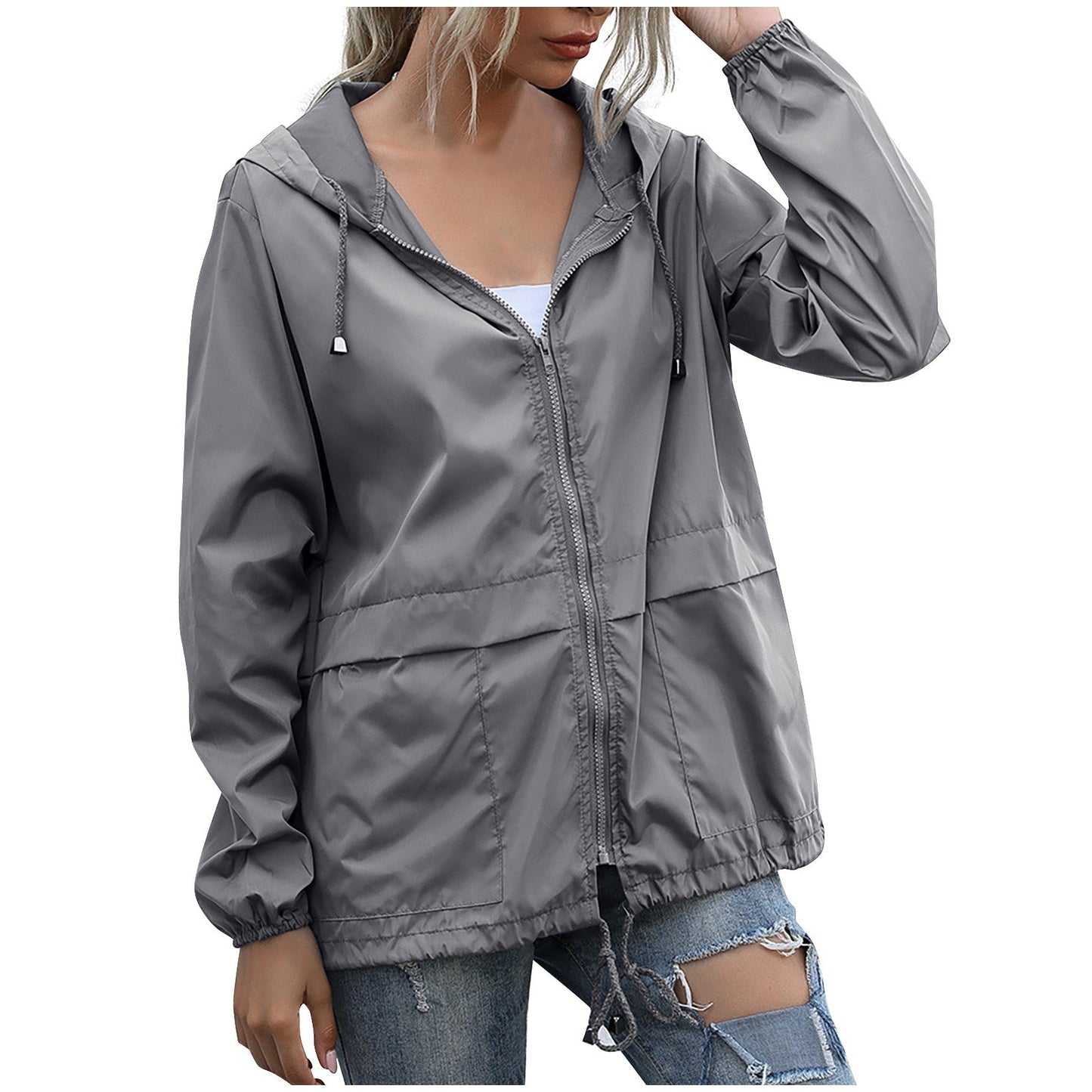 Streetwave Lightweight Hooded Windbreaker Jacket for Women With Zipper Front and Adjustable Drawcord