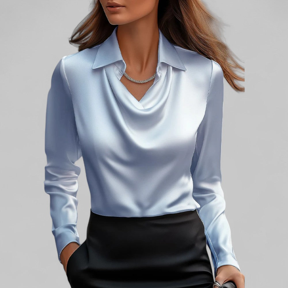 Satin Blouse Women Draped Neck Long Sleeve Street Wave Elegant Silky Top