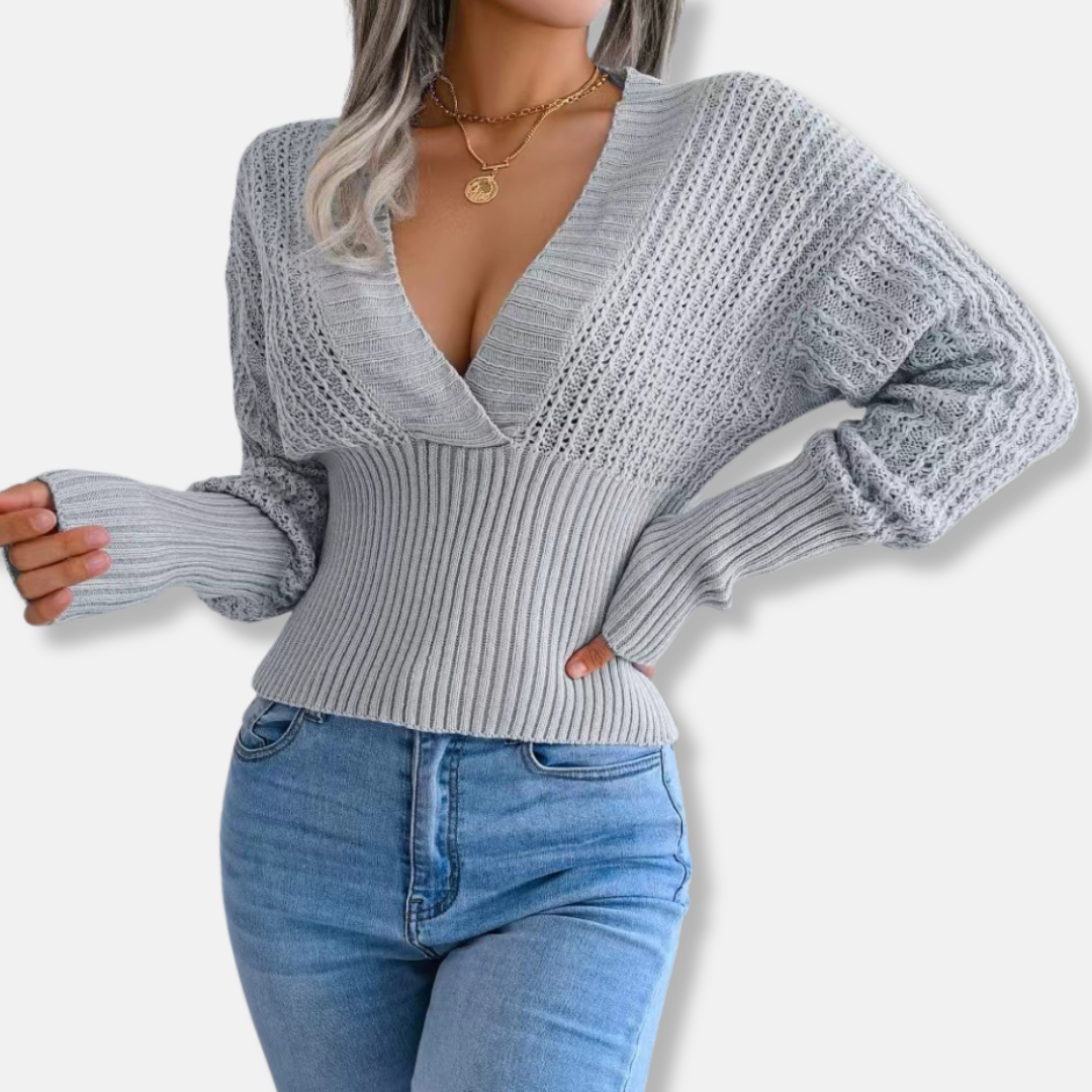 Nordisk Flair Womens Knitted Top Slim Fit Deep V Neck Open Knit Sleeves Chic