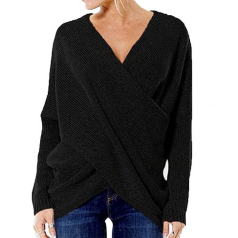 Street Wave Women's Ribbed Wrap Sweater With V Neck Elegant Flattering Fit For Casual Or Festive Wear