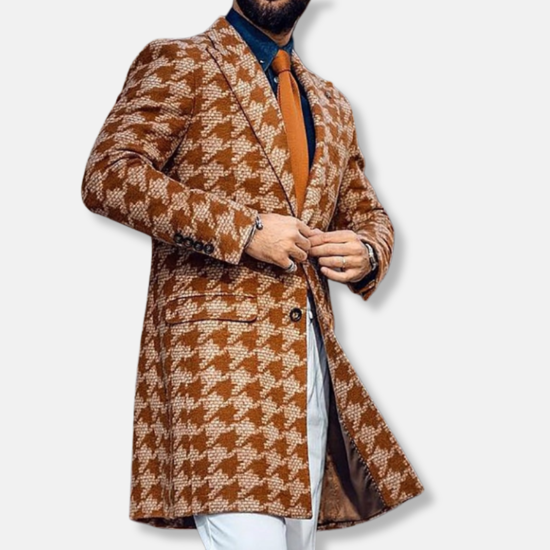 Men's Wool Blend Trench Coat With Geometric Pattern, Tailored Fit, Notch Lapel Modern Style